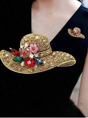 Vintage Gold Crystal Wide-Brim Hat Brooch